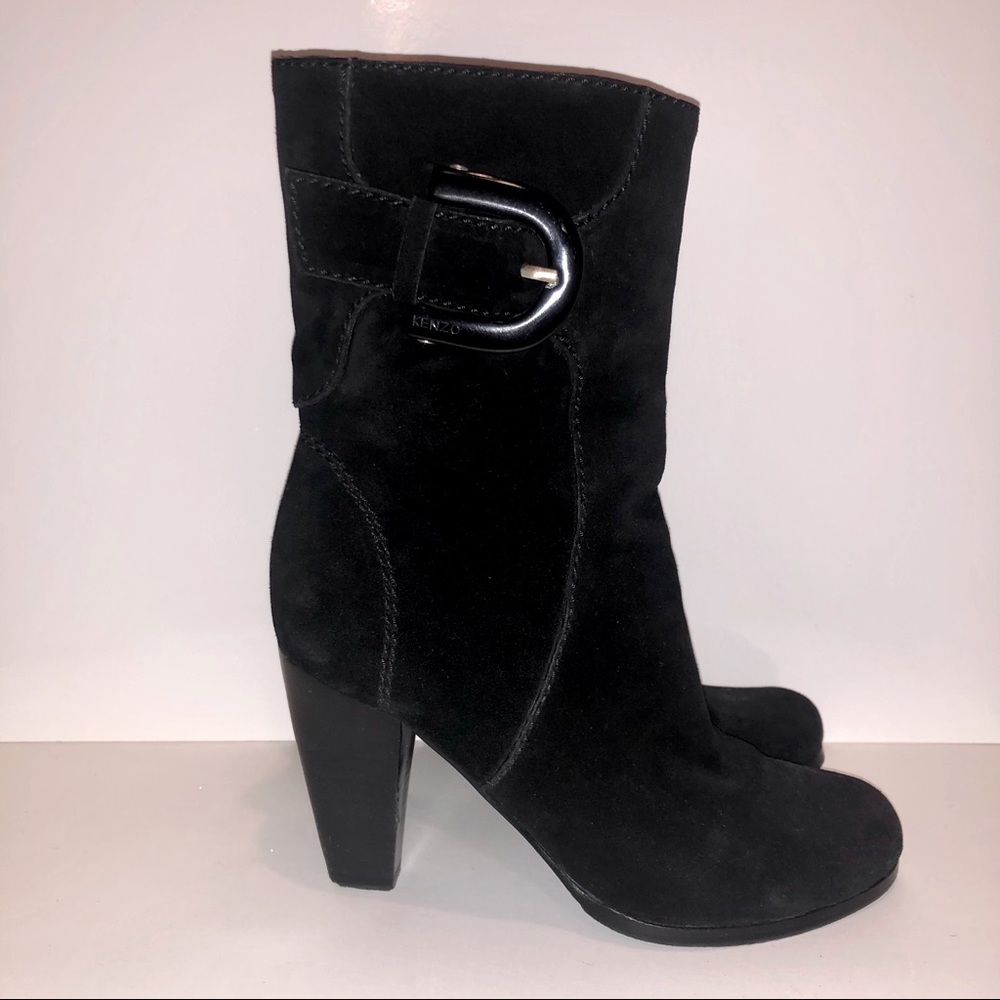 KENZO Suede Heeled Boots with Buckle in Black
